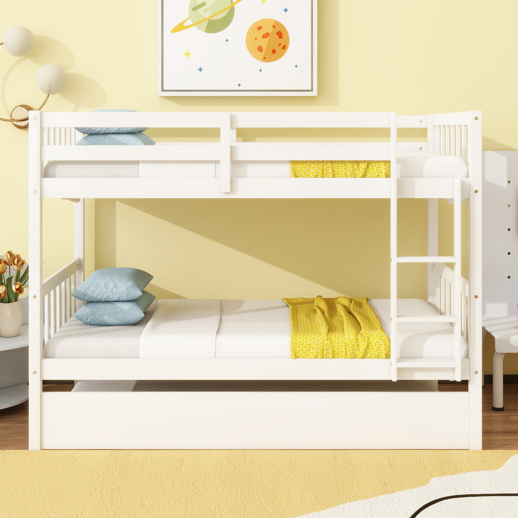 Twin Over Twin Rubber Wood Bunk Bed with Trundle, Convertible into Twin Size Beds, Twin Size Bunk Bed with Ladder and Safety Guardrails, White