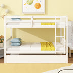 Twin Over Twin Rubber Wood Bunk Bed with Trundle, Convertible into Twin Size Beds, Twin Size Bunk Bed with Ladder and Safety Guardrails, White