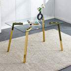 Modern minimalist style rectangular glass dining table with tempered glass tabletop and golden metal legs, suitable for kitchen, dining room, and living room, 51 ' * 31.5 ' * 29.5 '   1123