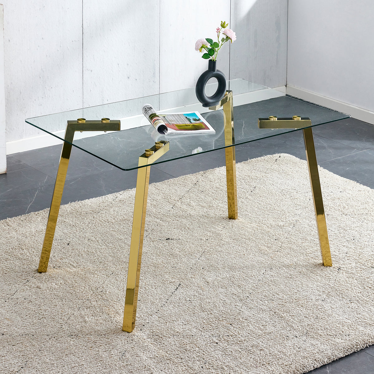 Modern minimalist style rectangular glass dining table with tempered glass tabletop and golden metal legs, suitable for kitchen, dining room, and living room, 51 ' * 31.5 ' * 29.5 '   1123