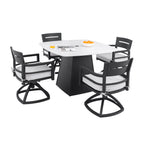 Modern 5PC Outdoor Patio Dining Set,Squircle 44'x44' Dining Table with Greek White Marble-Inspired Sintered Stone Top,Flared Pyramid Aluminum Base,Ember Black, 4 Swivel Rockers with Sunbrella Cushions