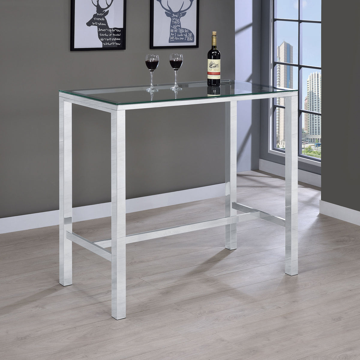 Tommy Chrome 47-inch Bar Table: Modern Glass Top with Polished Chrome Metal Frame, Rectangular Design