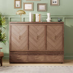 Queen Size Murphy Bed, Pine Wood Cabinet Bed with Built-in USB Charging Station and Geometrical Decoration Panel,Light Walnut