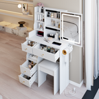 29.2' Small Size Drawer Desktop Vanity Table + Cushioned Stool, 2 AC+2 USB Power Station, Hair dryer bracket, Extra Large Touch Control Sliding LED Mirror, 3-color Switching, EPA, GCC, UL Certificate