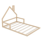 Full Size Wood Floor Bed with House-shaped Headboard in Natural Finish, Solid Pine Wood+MDF