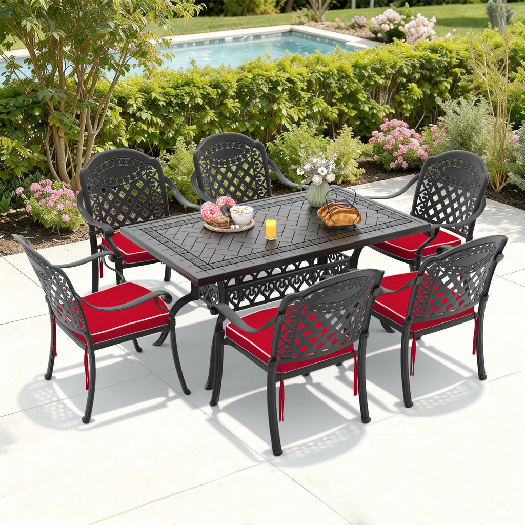 7-Piece Set Of Cast Aluminum Patio Furniture With Black Frame and Red Seat Cushions(same as:W1710S00491 ,W1710S00082,W1710S00007)
