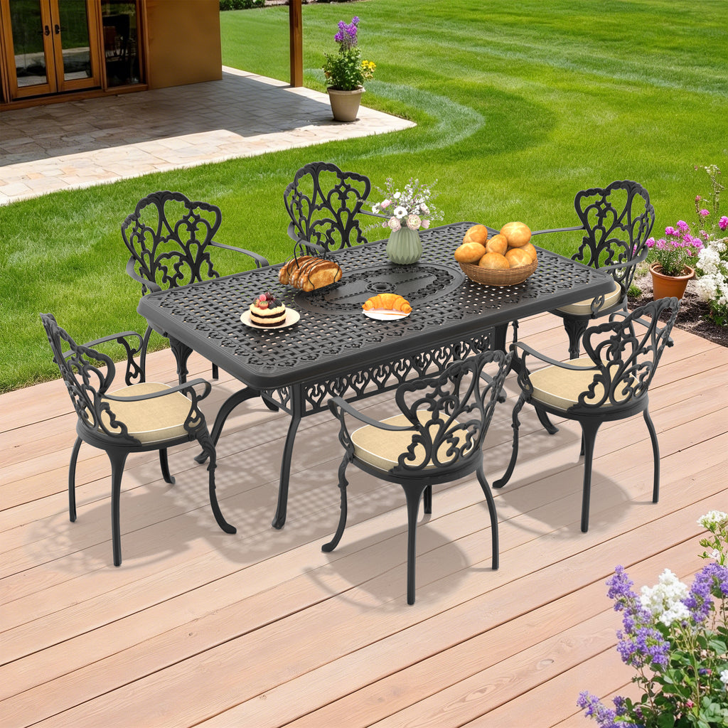 7-Piece Set Of Cast Aluminum Patio Furniture With Black Frame and Off-white Seat Cushions(same sku:W1710S00102)