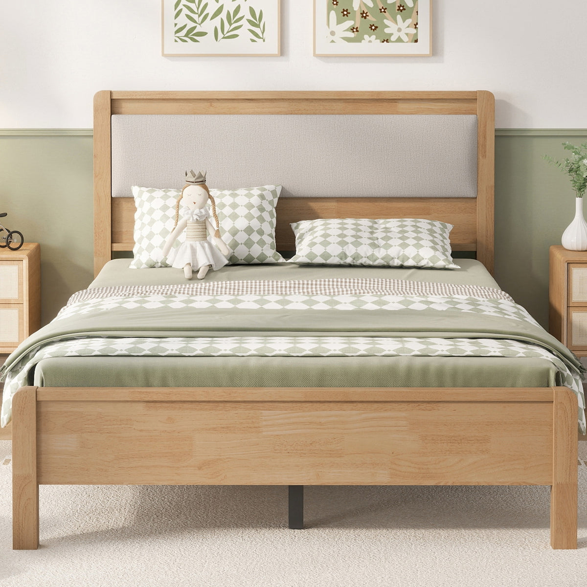 Full Size, Solid Rubber Wooden Bed with Upholstered Headboard, Reinforced by Central Support Legs,Natural