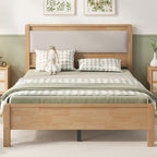 Full Size, Solid Rubber Wooden Bed with Upholstered Headboard, Reinforced by Central Support Legs,Natural