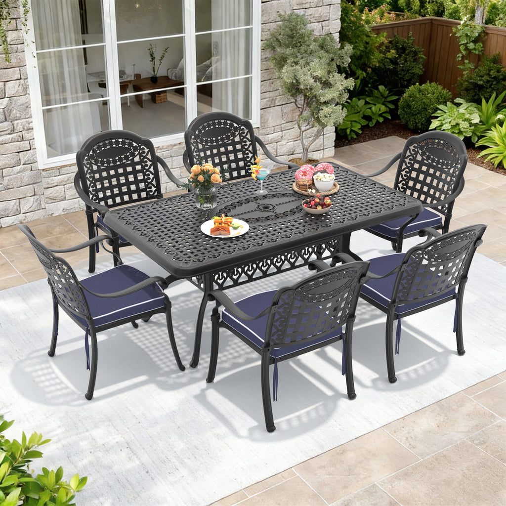 7-Piece Set Of Cast Aluminum Patio Furniture With Black Frame and Blue Cushions (same as:W1710S00495 ,W1710S00100,W1710S00030)