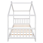 Twin Size House Platform Bed with Headboard and Footboard, Roof Design, White, Pine Wood and MDF