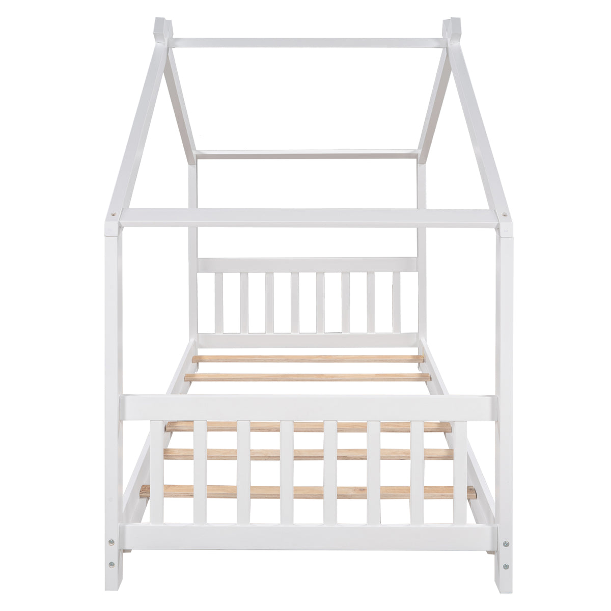 Twin Size House Platform Bed with Headboard and Footboard, Roof Design, White, Pine Wood and MDF