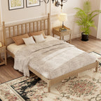 Queen Size Wood Platform Bed with Gourd Shaped Headboard,Retro Style Platform Bed with Wooden Slat Support,Natural