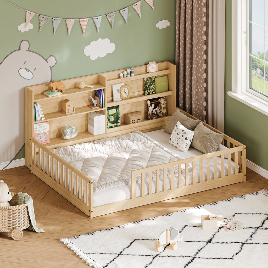 Full Montessori Floor Bed with Bookshelf & Safety Rails, Natural,Solid pine wood kids bed with integrated bookshelf, low-to-ground Montessori design, safety fence rails and wide entrance.
