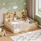 Full Montessori Floor Bed with Bookshelf & Safety Rails, Natural,Solid pine wood kids bed with integrated bookshelf, low-to-ground Montessori design, safety fence rails and wide entrance.