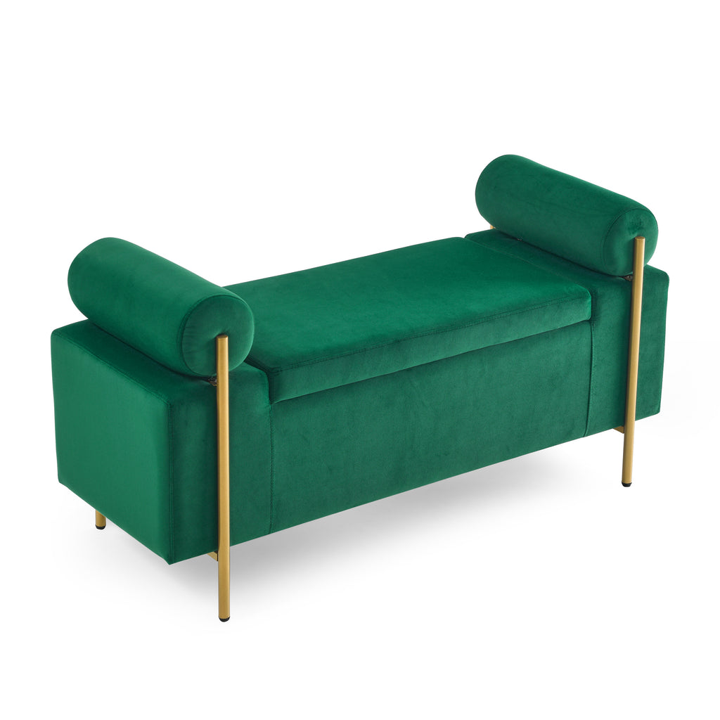 Elegant Upholstered Velvet Storage Bench with Cylindrical Arms and Iron Legs, Green