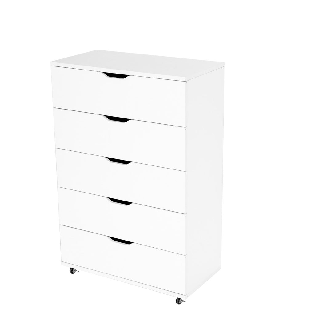 Modern White 5-Drawer Dresser with Wheels – Space-Saving Storage Cabinet with Deep Drawers, Wood Frame, Melamine Finish