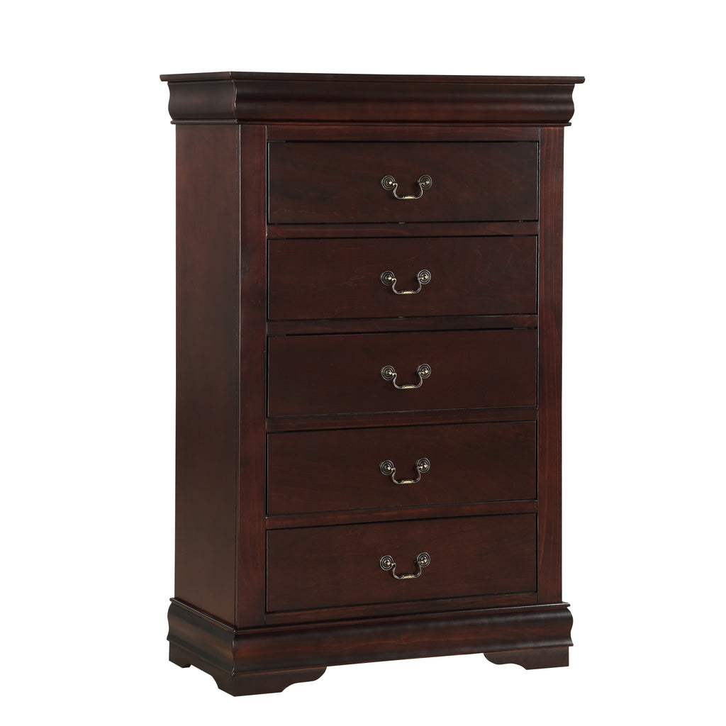 Contemporary Louis Philip Cherry Finish Chest with Five Drawers Solid Wood Ample Storage