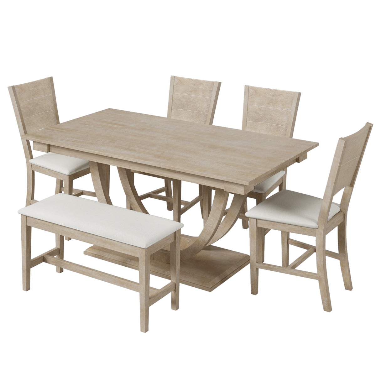 TOPMAX Modern Style Natural Wood 6-Piece Dining Table Set with Bench and Chairs, Upholstered Seats, Rubberwood Frame