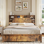 Wood Queen Bed Frame with Storage Headboard - Bed Frame QUEEN Size with Charging Station & LED Lights, Wood Bedframe Queen-Size with Bookcase, Platform Beds, No Box Spring Needed, Dark Brown
