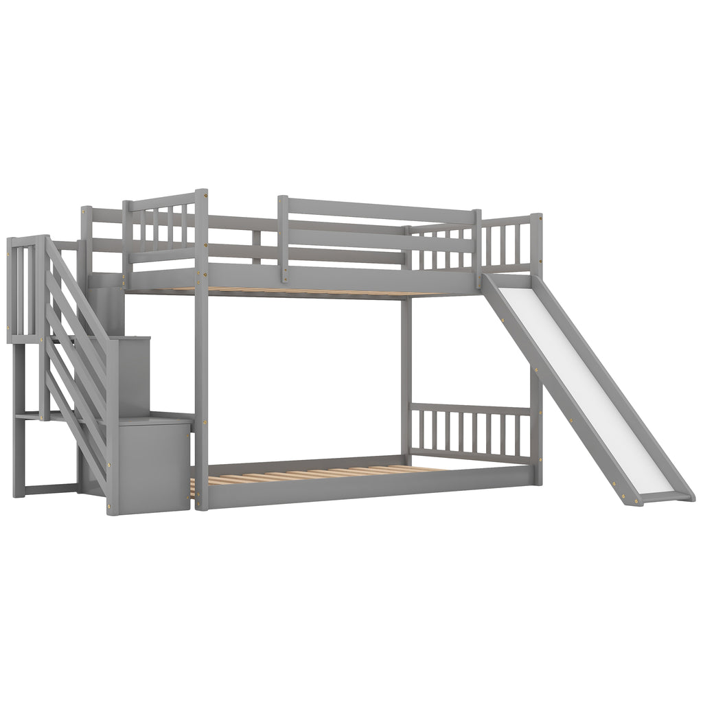 Gray Twin over Twin Bunk Bed with Convertible Slide and Stairway, Pine Wood and MDF, 92.8''L x 42.3''W x 50.6''H