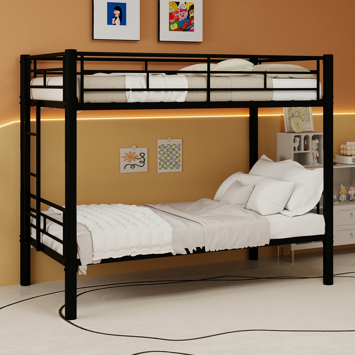 Twin Over Twin Metal Bunk Bed for Kids Boys Girls,Metal Structure Bedframe with Ladders & Guardrail,Convertible 2 Beds,Black