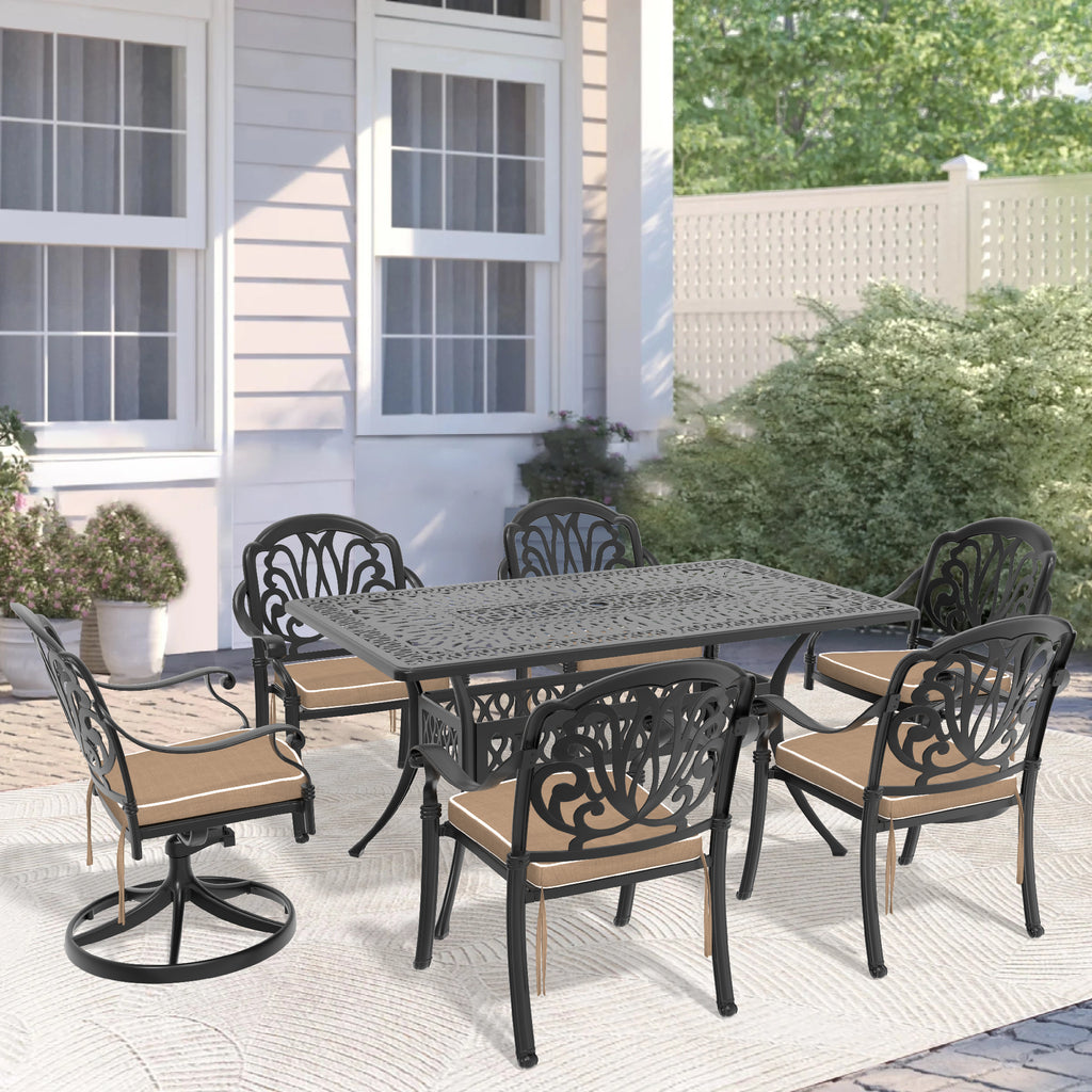 7-Piece All-Weather Cast Aluminum Dining Set, Include 2 Swivel Chairs,4 Dining Chairs and Rectangular Table With Black Frame(same sku:W1710S00367)