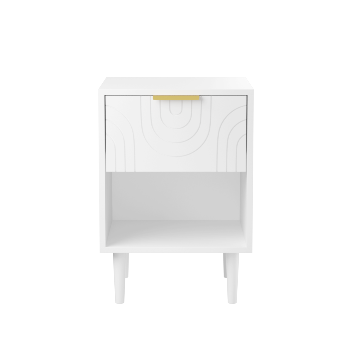 Modern White Nightstand with One Drawer and Open Shelf, Gold-Accented Handle, 22.83'' H, MDF, White