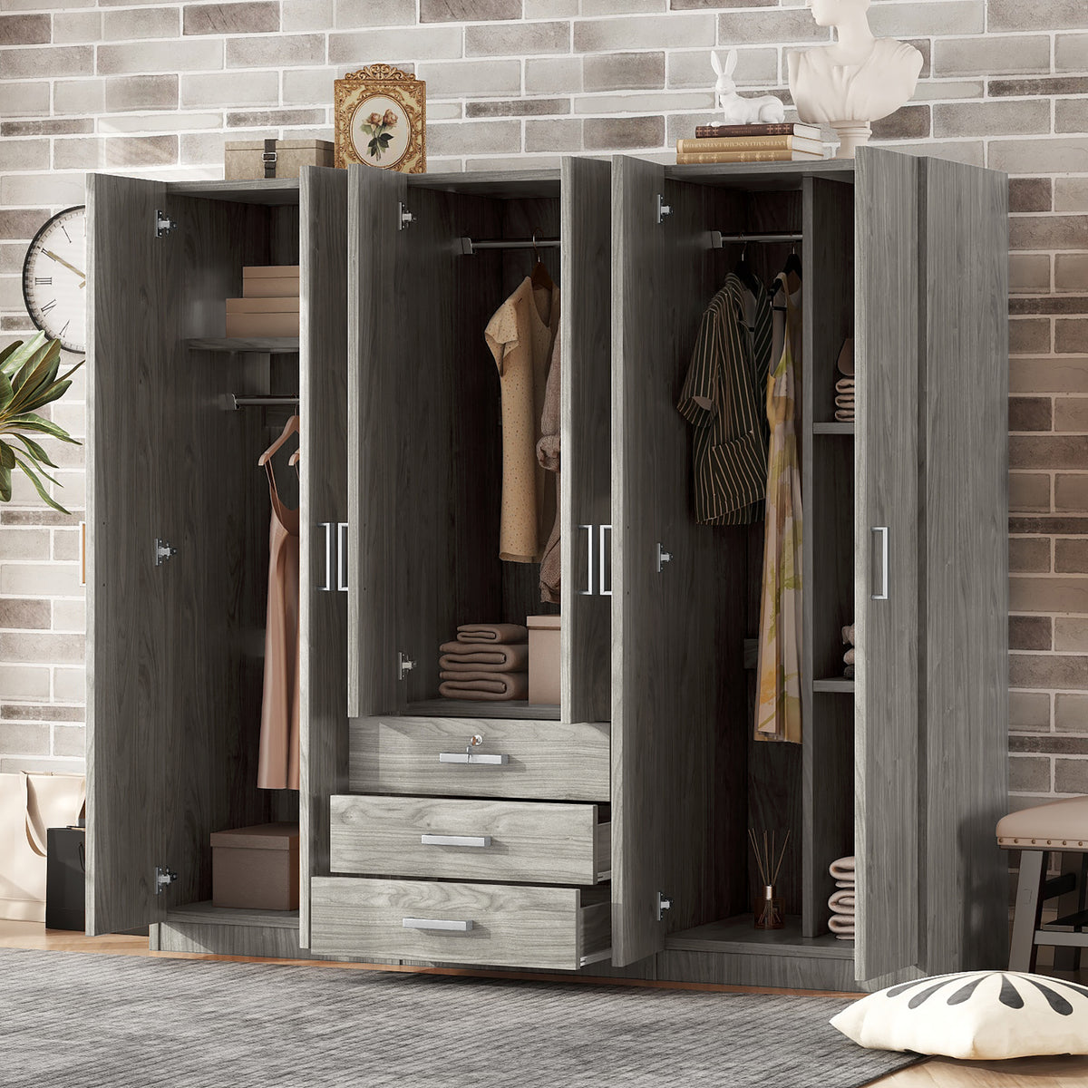 6-Doors Wooden Wardrobe Storage for Bedroom, with Big Drawers, Gray