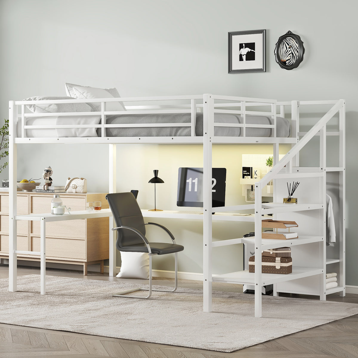 Queen Size Loft Bed with L-shaped Desk and USB, Metal Loft Bed with Wardrobe and Adjustable Shelf, High Loft Bed with LED for Kids Teens Adults, White