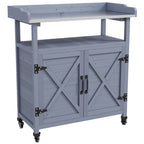 Outsunny Outdoor Potting Bench, Wooden Potting Table with Storage Cabinet, Aluminum Table Top, Rubber Wheels for Backyard, Patio, Balcony, Gray