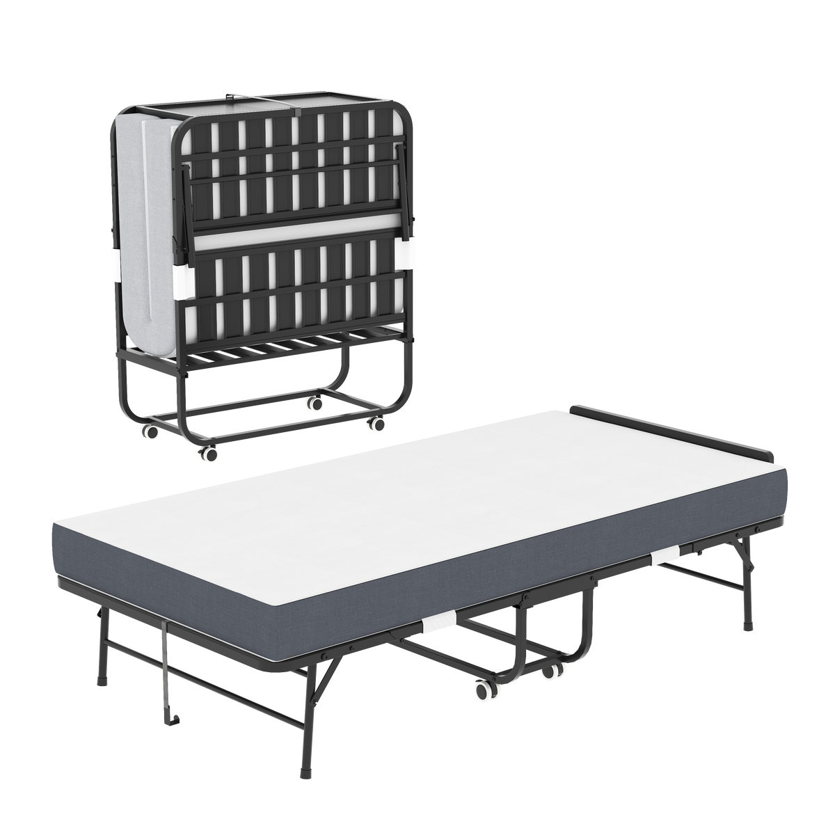 75' * 38' Folding Bed with Adjustable Headboard, 5' Memory Foam Rollaway Bed for Tall People, Heavy-Duty Portable Guest Bed on Wheels, Easy Assembly Twin Size Cot