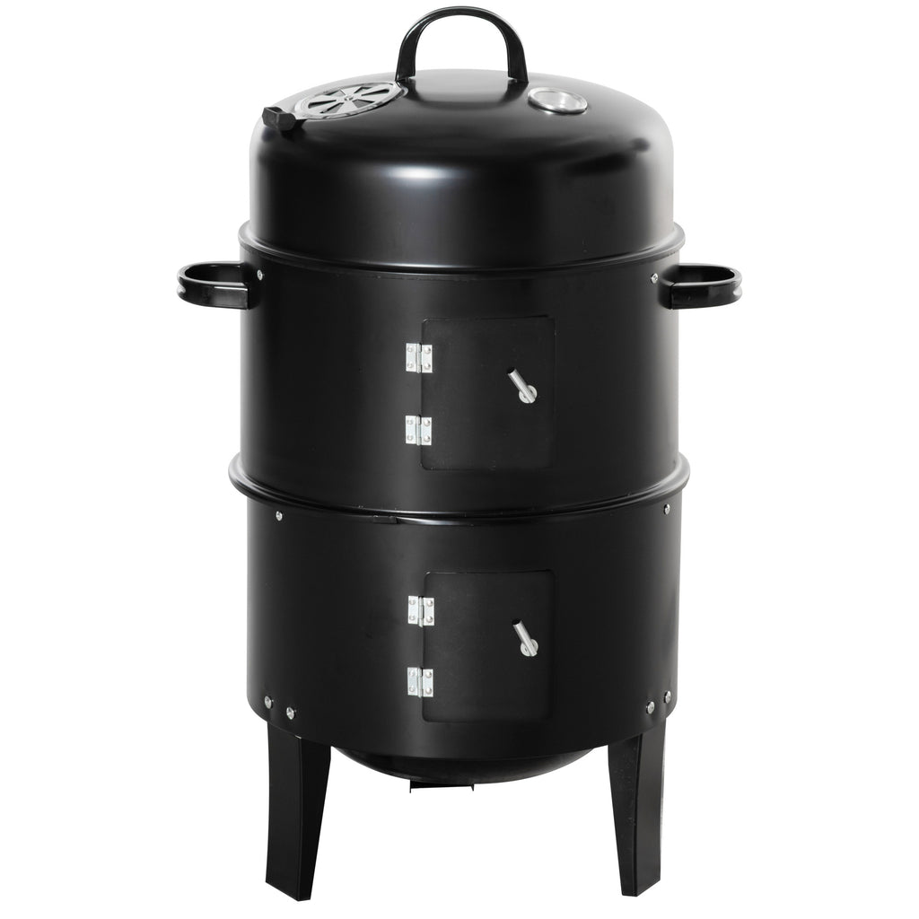 Outsunny Vertical Charcoal BBQ Smoker, 3-in-1 16' Round Charcoal Barbecue Grill with 2 Cooking Area, and Thermometer for Outdoor Camping Picnic Backyard Cooking, Black