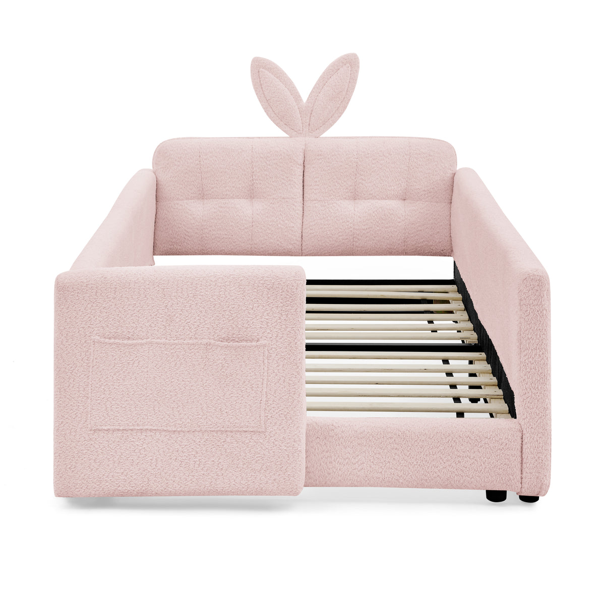 Pink Boucle Twin Upholstered Platform Bed with Rabbit Ear Headboard, Safety Rail & Storage Pocket