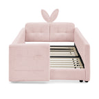 Pink Boucle Twin Upholstered Platform Bed with Rabbit Ear Headboard, Safety Rail & Storage Pocket