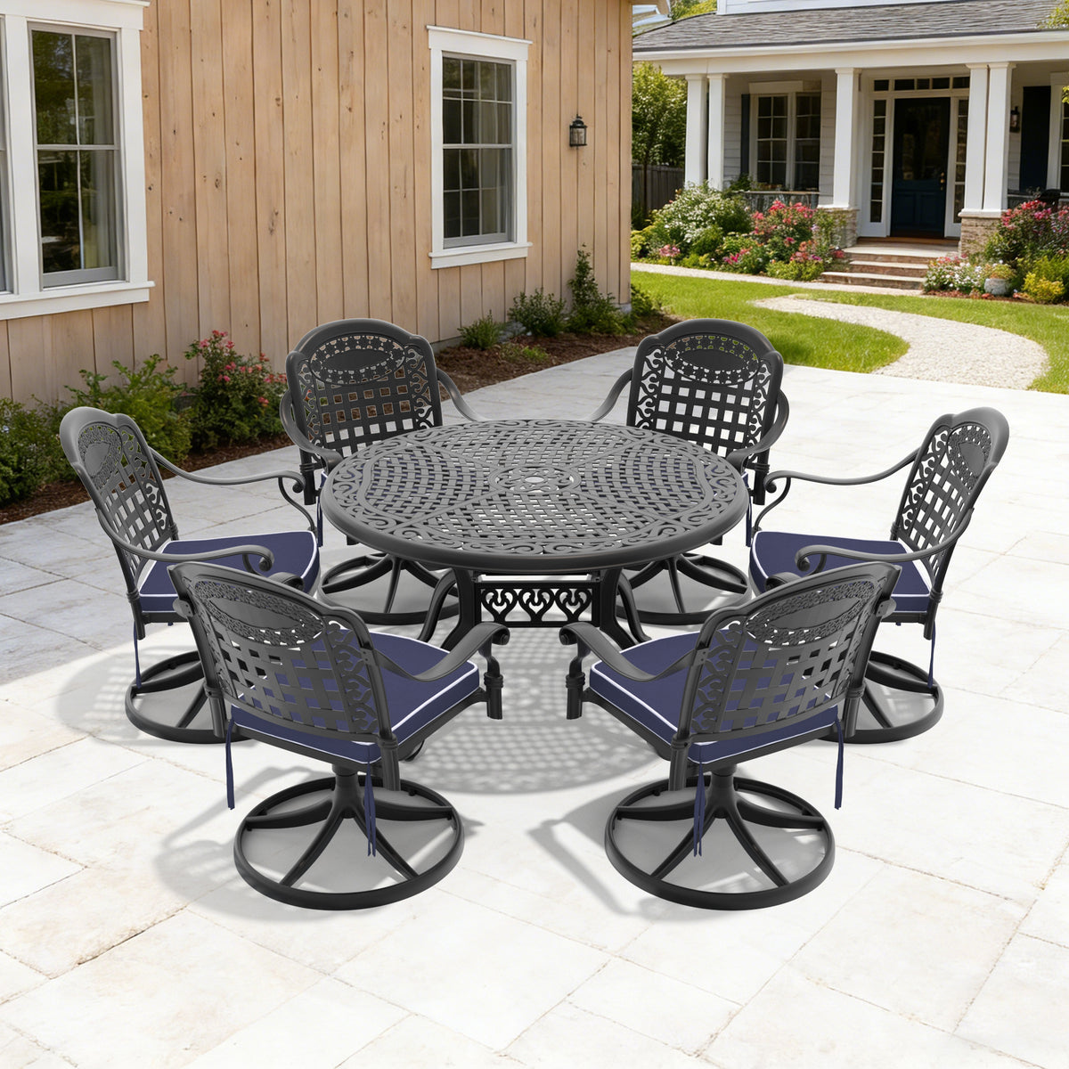 7-Piece All-Weather Cast Aluminum Dining Set, Include 6 Swivel Chairs and 48.03' Round Table With Black Frame