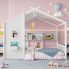 Full Size Floor House Bed for Toddler, Kids Montessori Bed  with Storage Shelf, Playhouse Bed with Roof Design, White