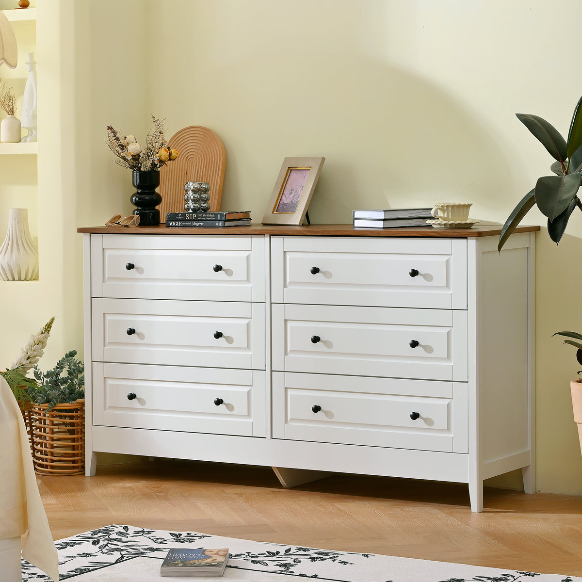White Dresser for Bedroom, 6 Drawer Dresser with Wide Drawer and Metal Handles, White Dresser, Wood Dressers & Chests of Drawers for Hallway, Entryway.