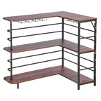 Home Bar Unit, L-Shaped Wine Bar Cabinet Table 3-Tier with Storage Shelves, Adjustable Foot Pads, LED Light, Walnut Finish & Metal Frame Liquor Cabinet for Home, Kitchen,Living Room,Pub,Basement