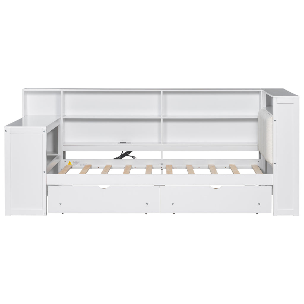 Wood Twin Size Platform Bed with Storage Shelves, Drawers, Charging Station, LED, Desk and Upholstered Headboard in White+Beige Cushion