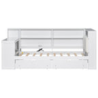 Wood Twin Size Platform Bed with Storage Shelves, Drawers, Charging Station, LED, Desk and Upholstered Headboard in White+Beige Cushion