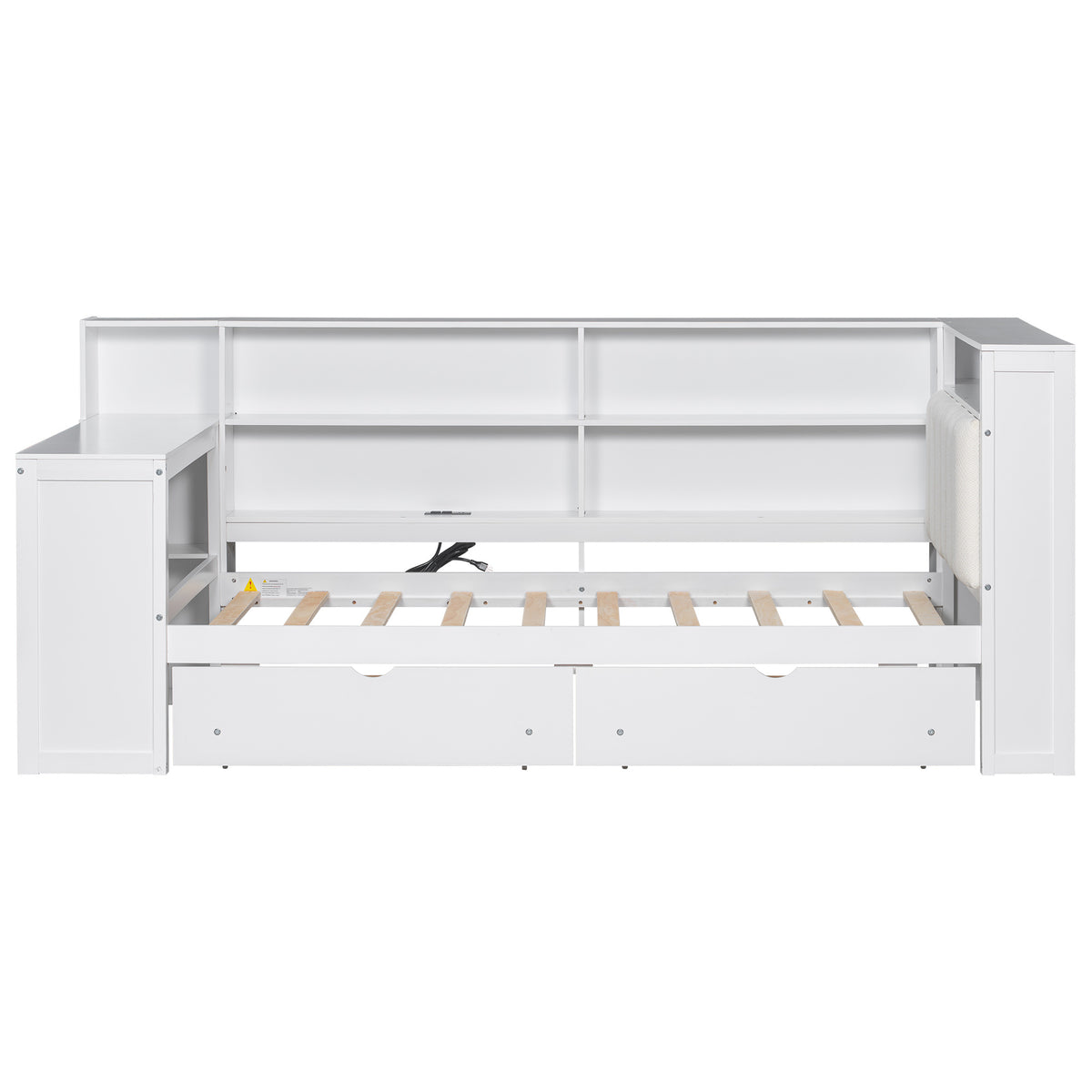 Wood Twin Size Platform Bed with Storage Shelves, Drawers, Charging Station, LED, Desk and Upholstered Headboard in White+Beige Cushion