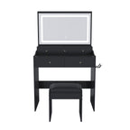 Modern Black Makeup Vanity Set with Power Outlet, Hair Dryer Holder, and Adjustable Lighting