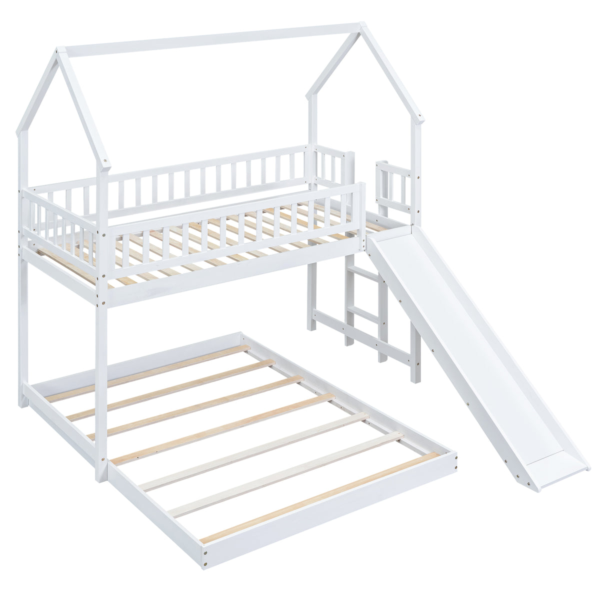 Hearth & Haven Twin over Full House Bunk Bed with Slide, Built in Ladder and Full Length Guardrail, White