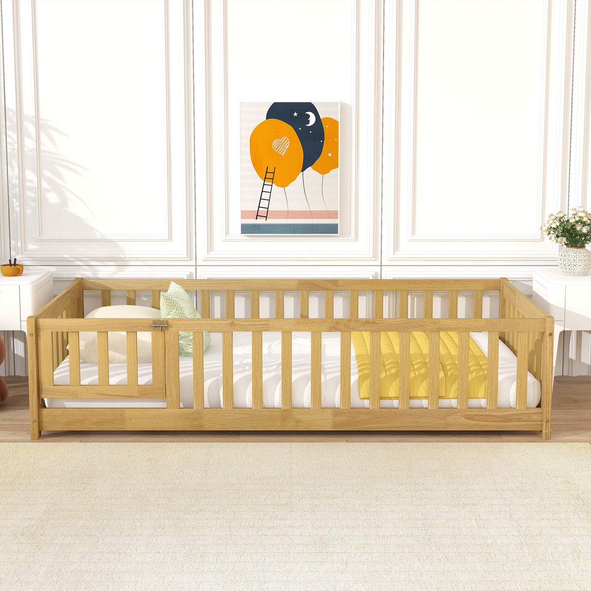 Twin Size Floor Bed with Fence and Door,Rubber Wood Floor Bed with Safety Guardrails,Natural (Old Sku W504P296778)