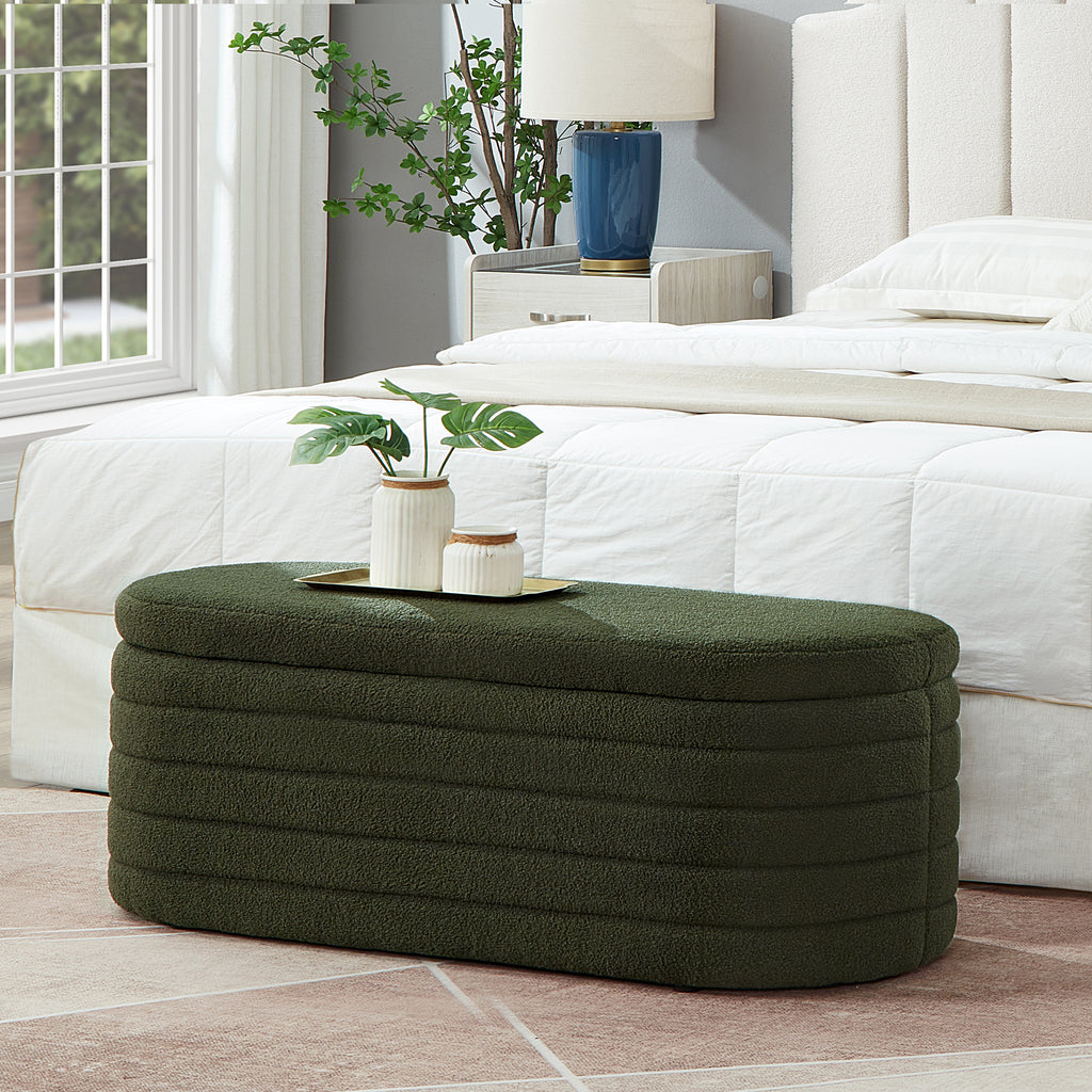 Modern Oval Storage Ottoman Bench, Upholstered Boucle Teddy Fabric End of Bed Bench with Storage, End of Bed Stool with Safety Hinge for Bedroom, Living Room, Entryway, Dark Green