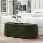 Modern Oval Storage Ottoman Bench, Upholstered Boucle Teddy Fabric End of Bed Bench with Storage, End of Bed Stool with Safety Hinge for Bedroom, Living Room, Entryway, Dark Green