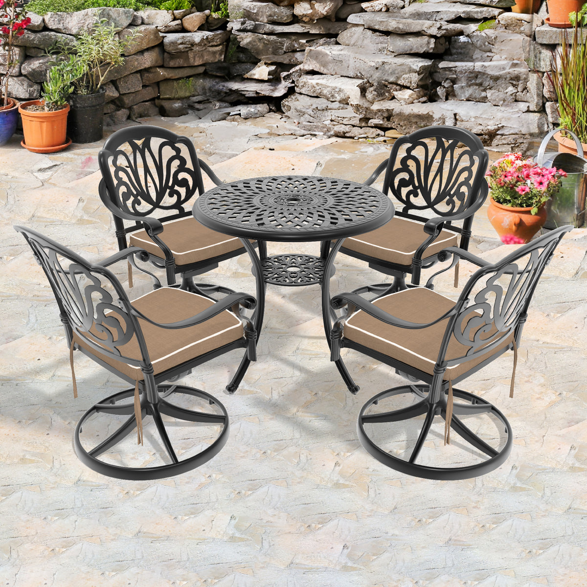 5-Piece All-Weather Cast Aluminum Dining Set, Include 4 Swivel Chairs and 30.71' Round Table With Black Frame  (same sku: W1710S00431)