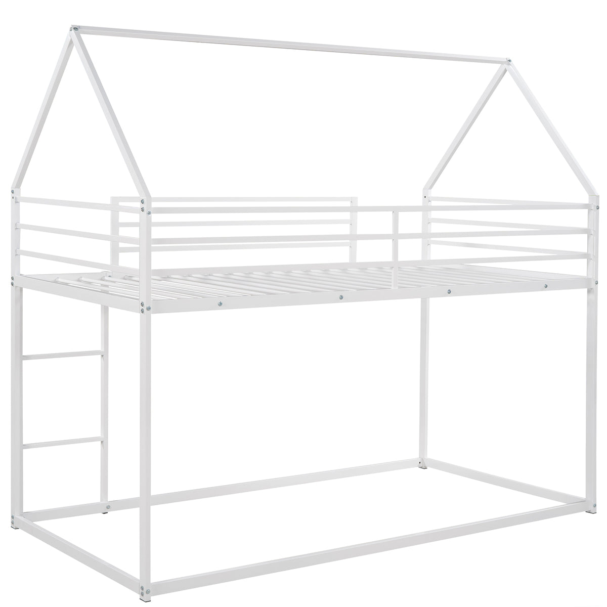 White Twin over Twin House Bunk Bed with Built-in Ladder, Metal Frame, 76.5L x 40.5W x 71H inches