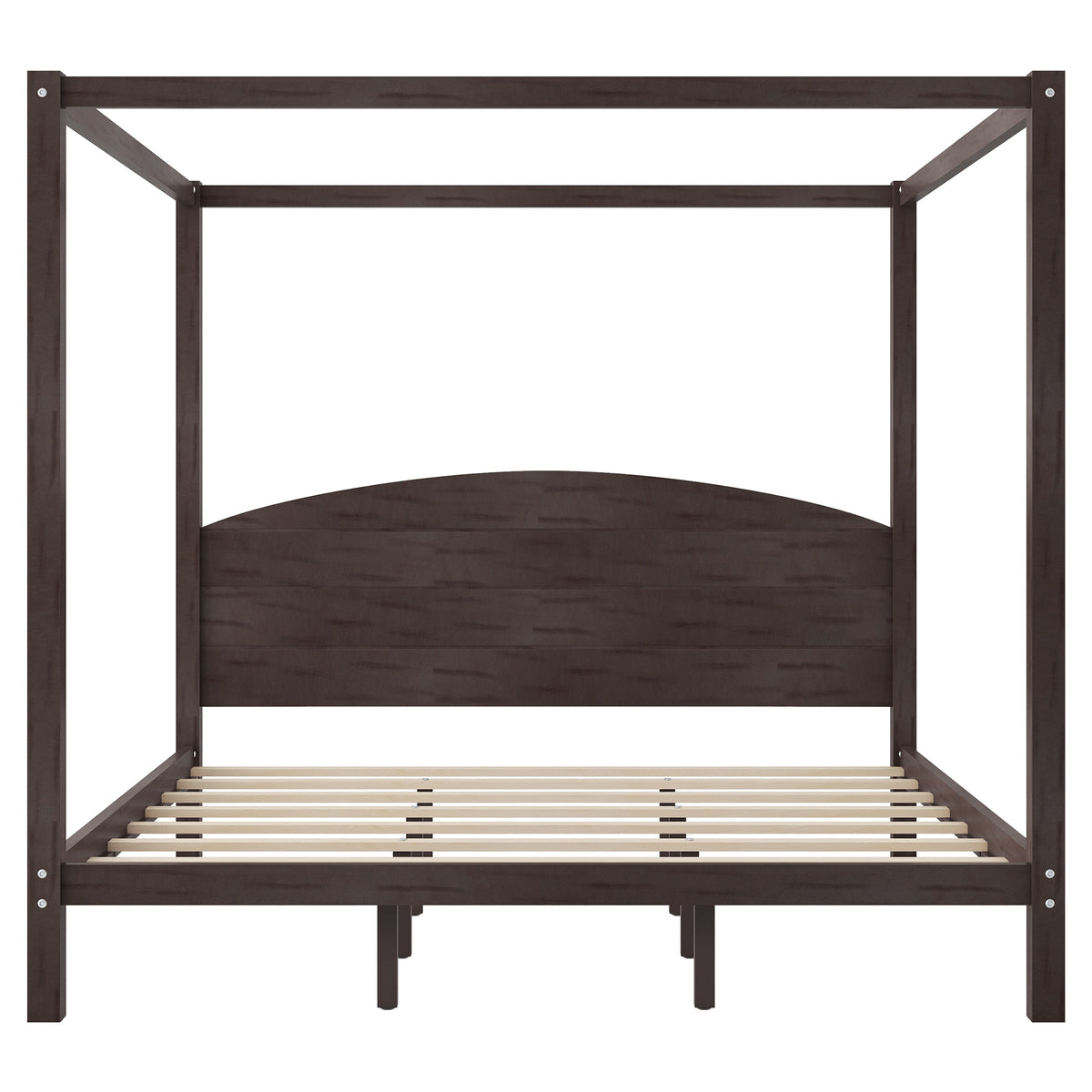Modern King Size Canopy Platform Bed with Headboard and Support Legs in Brown Wash Finish, Pine Wood Frame